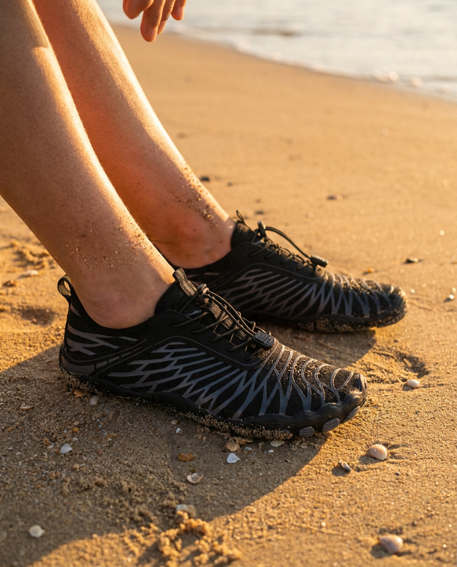 Rivo Barefoot — lifestyle plage au coucher de soleil