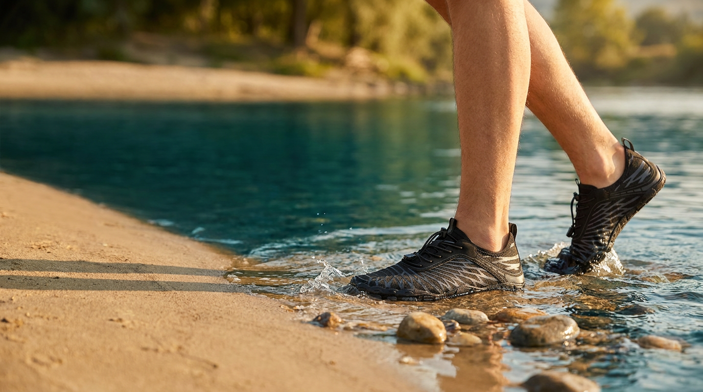 Rivo Barefoot — bannière hero, marche au bord de la rivière