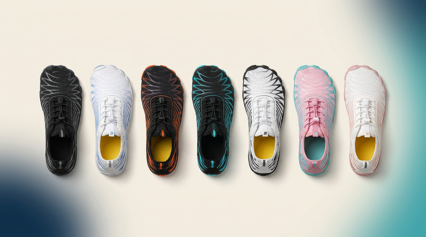 Les 7 coloris Rivo Barefoot alignés — noir/gris, blanc/bleu, noir/orange, noir/turquoise, blanc/noir, rose/turquoise, blanc/pêche
