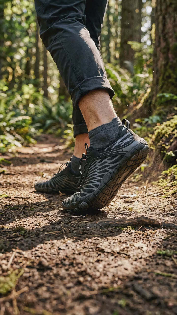 Rivo Barefoot Noir/Gris en marche sur sentier forestier