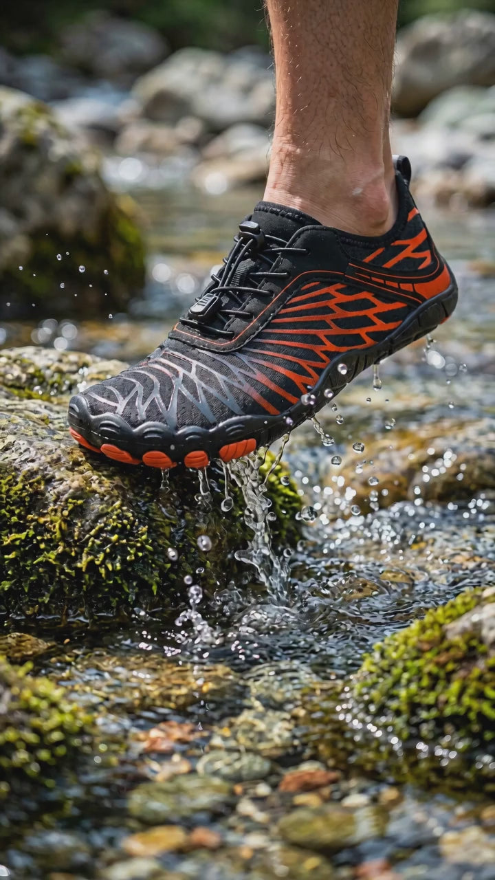 Rivo Barefoot Noir/Orange en rivière, eau qui s'écoule de la semelle